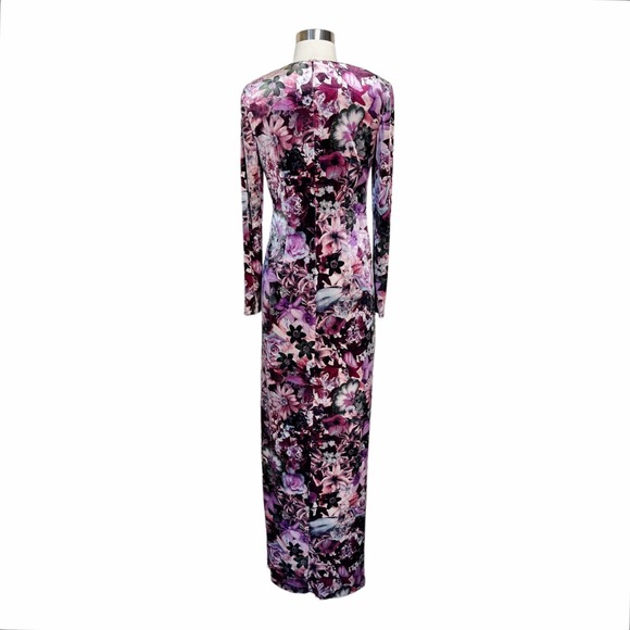 AIDAN MATTOX Velvet Dress Floral Maxi Stretch Multicolor Pink Long Sleeve 6 NWT - Picture 2 of 11